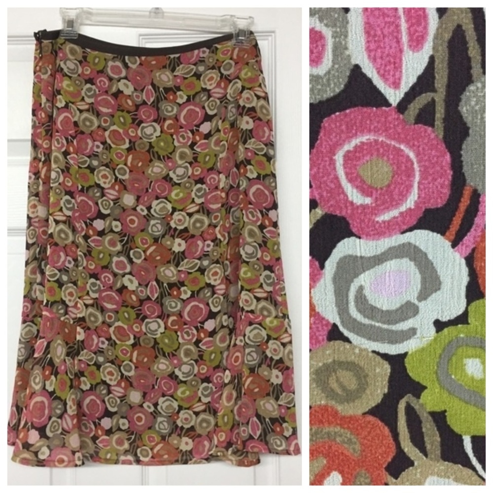 Sigrid Olsen Bright Neon Mini Flowers Brown Gauzy Flowy Midi Skirt Sz 2